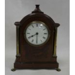 19th century mahogany-cased mantel clock with Roman numerals to the dial, inlaid shell decoration,
