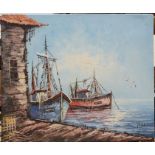 Assorted pictures and prints to include 20th century oil on canvas of fishing boats, etc (8)