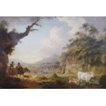 In the circle of Julius Caesar Ibbotson Oil on board Pastoral scene with haymaking before a
