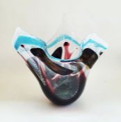 A Murano Fazzoletto glass centrepiece freeform vase with white, burgundy and blue swirls and gold
