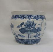 20th century Chinese blue and white jardiniere decorated with ducks on pond, unmarked to base,