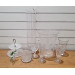 A Victorian frosted and cut glass rinser, a Victorian glass celery vase, pair of early 20th