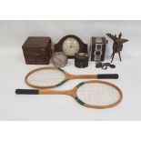 Coronet camera, a Smiths mantel clock in oak case, a wooden instrument box and various other items