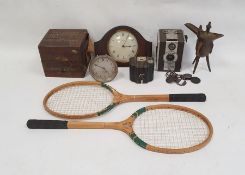 Coronet camera, a Smiths mantel clock in oak case, a wooden instrument box and various other items