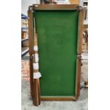 Quarter-size snooker table top in oak frame with slate base, wooden scoreboard, box of balls and