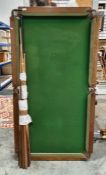 Quarter-size snooker table top in oak frame with slate base, wooden scoreboard, box of balls and