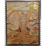 21st Century school Oil and mixed media on canvas Elephant in golden hues, signed indistinctly