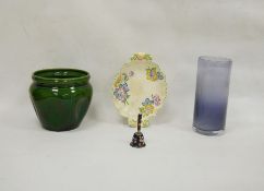 Green glazed stoneware jardiniere, a Ridgways floral decorated dish, a lavender cylindrical glass