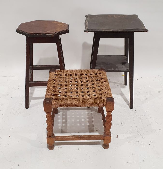 Oak two-tier side table, an oak octagonal-top side table and a rush-seated stool on turned