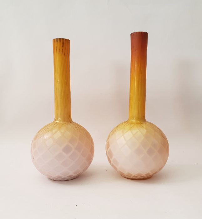 A pair of Victorian Stourbridge Thomas Webb satin glass vases with pink opalescent body to yellow