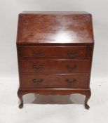 20th century burr walnut bureau on cabriole legs, 75cm x 44cm x 105cm