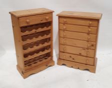 Narrow pine chest of six drawers, to bracket feet and a pine wine bottle rack (2)