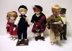 Nine various modern bisque dolls with cloth bodies and the associated stands (9)