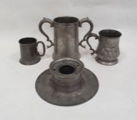 Two-handled pewter mug with presentation inscription for 'Clare College Junior Trial Eights 1889',