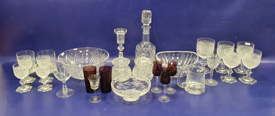 Small quantity of similar cut glass by various makers including decanter, boat-shaped heavy cut