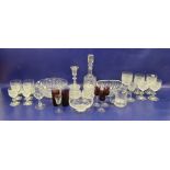 Small quantity of similar cut glass by various makers including decanter, boat-shaped heavy cut