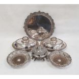 Pair of silver plated oval vegetable dishes and covers with bead borders, a pair of silver plated