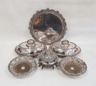 Pair of silver plated oval vegetable dishes and covers with bead borders, a pair of silver plated