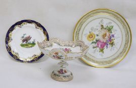 Continental Meissen-style pedestal bowl with floral decoration, a Minton decorative plate and a