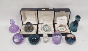 Five Caithness glass paperweights, two Caithness glass vases, glass model of a duck and owl etc (