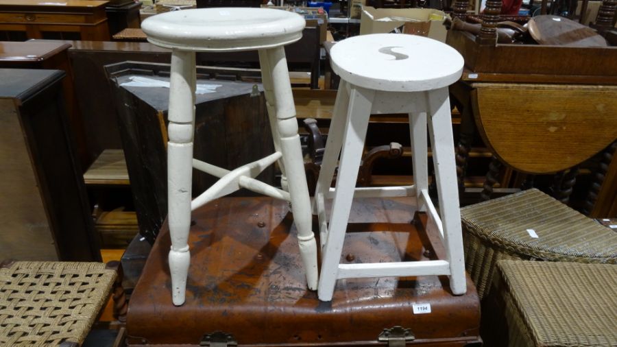 Dome-top tin trunk and two white painted stools (3) - Image 2 of 2