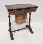 Victorian japanned work table, the rectangular top with raised lacquerwork enclosing various
