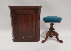 20th century oak hanging corner cupboard with moulded edges and a mahogany blue upholstered stool (