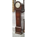 Early 20th century oak longcase clock of small proportions, the arched top above circular dial