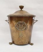 Early 20th century brass coal scuttle of two-handled bucket form with stylised Art Nouveau