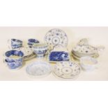 Furnivals Denmark pattern part dinner service, various chinaware and linen (3 boxes)