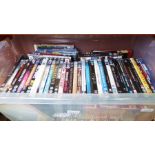 Box of CDs, mainly rock and classical and a box of DVDs (2 boxes)