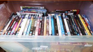 Box of CDs, mainly rock and classical and a box of DVDs (2 boxes)