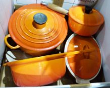 Le Creuset saucepans, cooking pots, etc and various further kitchenwares (2 boxes)