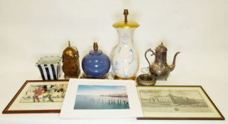 Silver-plated coffee pot, various modern table lamps and prints