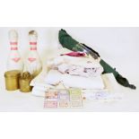 Pair of AMF ten pin bowling pins, two brass jars and a quantity of linen (1 box)