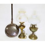 Duplex oil lamp, a further oil lamp and a copper bed pan (3)