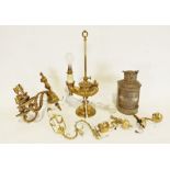 Brass table lamp, a metal lantern and a twin-branch brass wall light (1 box)