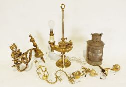 Brass table lamp, a metal lantern and a twin-branch brass wall light (1 box)