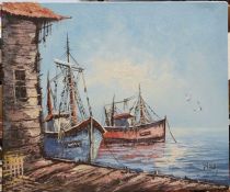 Assorted pictures and prints to include 20th century oil on canvas of fishing boats, etc (8)