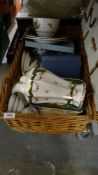 Wicker hamper and contents of ceramics and china