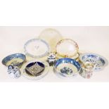 Two Prattware pot lids, a Moyses Stevens blue and white bowl, various chinaware and prints (3 boxes)