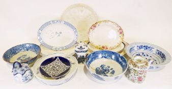 Two Prattware pot lids, a Moyses Stevens blue and white bowl, various chinaware and prints (3 boxes)