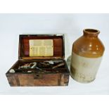 Wooden tool box containing various tools and a large stoneware jar (2)