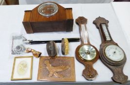 Benito wooden cased mantel clock, two barometers, various chinaware and linen (3 boxes)