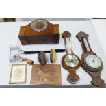 Benito wooden cased mantel clock, two barometers, various chinaware and linen (3 boxes)