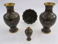 Pair of brown-ground cloisonne vases, allover floral decoration, inverse baluster shaped, 23cm high,