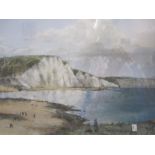 20th century school Pastel and charcoal drawing Coastal scene with white cliffs and figures in