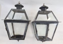 Pair of modern metal and glass candle lanterns with hooks to hang, approx. 57cm high (2)