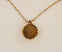 Spade Guinea token in 9ct gold mount (behind glass) on 9ct gold chain  Please note this correction