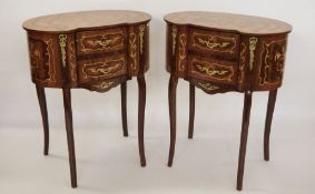Pair of 20th century French-style kidney-shaped marquetry inlaid two-drawer side tables, the